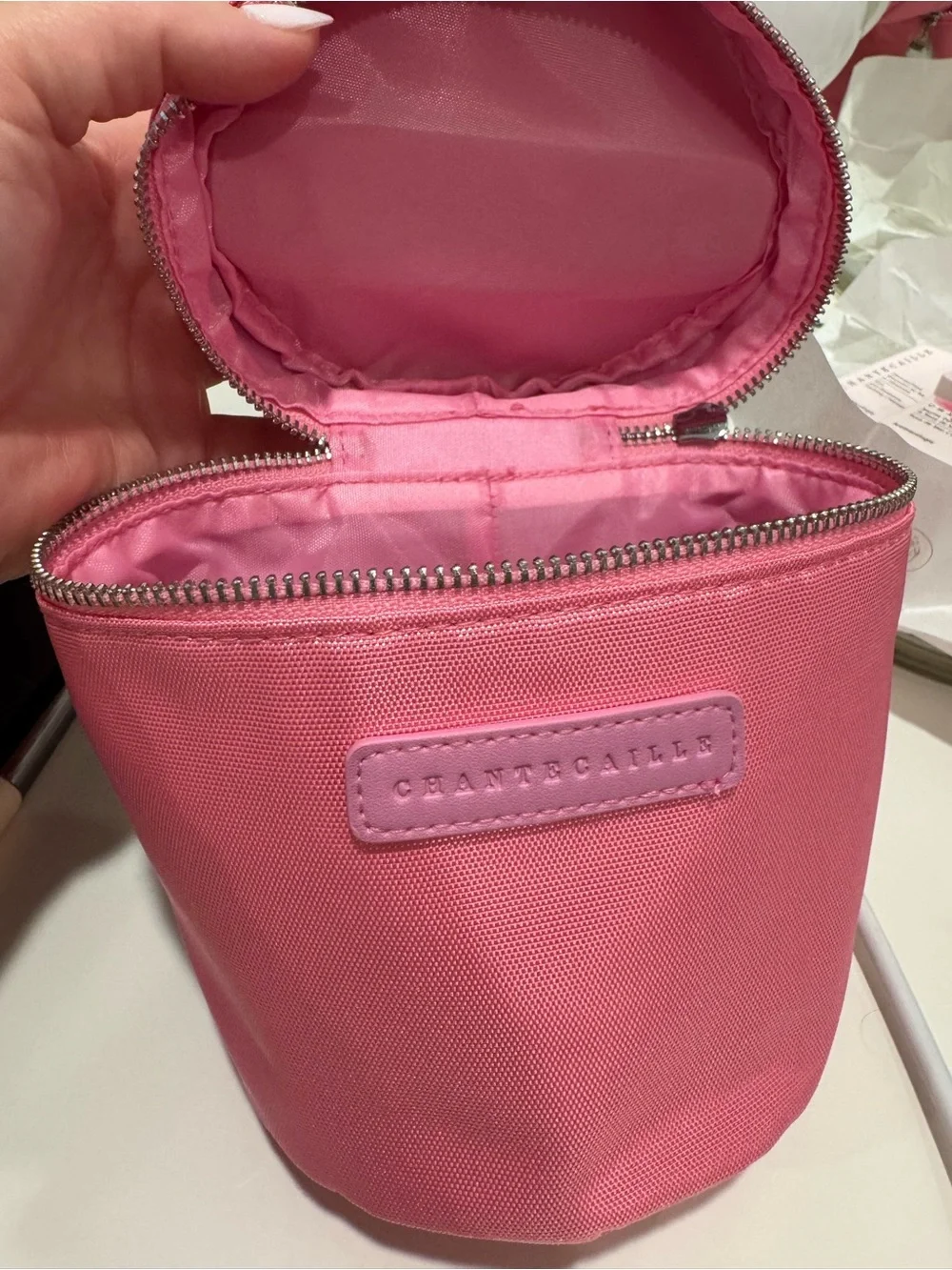Chantecaille Pink Cylindrical Cosmetic Case w/ Top Handle & 4 skincare samples